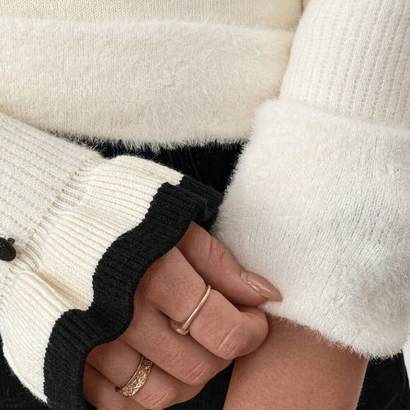 Beige Casual Women's Turtleneck Ruffled Button Long Sleeve Knit Sweater With Bow - Picture 7 of 8